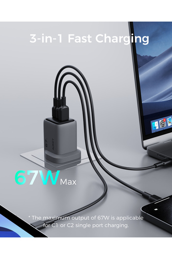 AUKEY 67W GaN PD Charger - Comet Mix3, 2 USB-C, 1 USB-A, Fast Charging - Universal for Apple, Androi