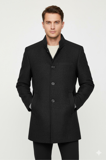 SÜVARİ Süvari Comfortable Fit Dobby Wool Anthracite Judge Collar Men's Coat