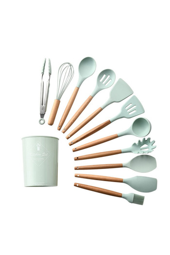TEHNOSHOP Set of 12 silicone kitchen utensils, wooden handle, resistant