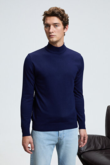 GRIMELANGE Rebel Men's Half Turtleneck Basic Regular Fit Knitwear Navy Blue Sweater