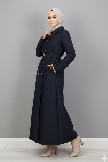 benguen Navy Blue 4901 Model Belted Trench Coat