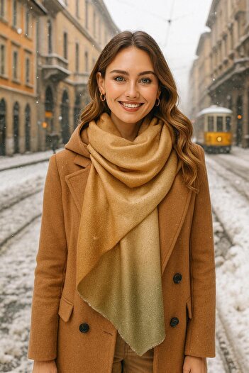 FELLMENS Beige Batik Patterned Gilded Women's Shawl