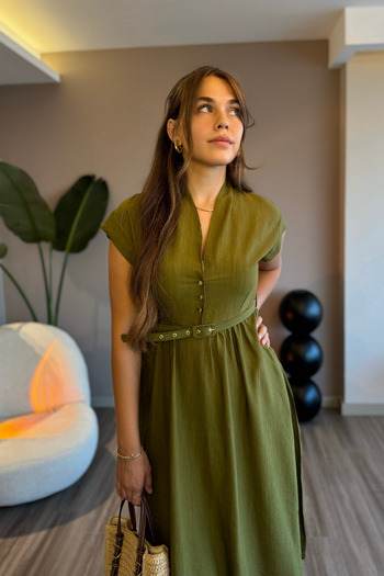 Aventien Rochie midi verde ulei cu centură cu guler domnă