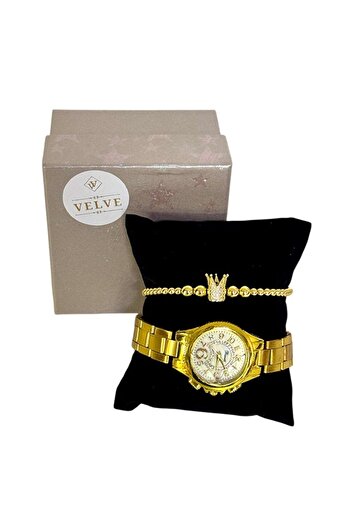 velve Set Elegant men's watch Aetherion, stainless steel bracelet with crystals, strap, stainless steel dial Gold