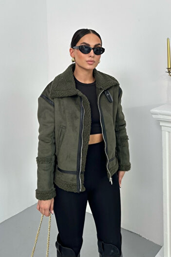 spirituel Women's Suede Coat with Fur Inside, Zippered Pockets, Collar and Sleeve Details, Premium Regular Jacket