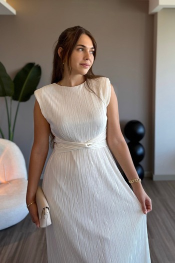 Aventien Rochie midi albă plisată cu detaliu în talie