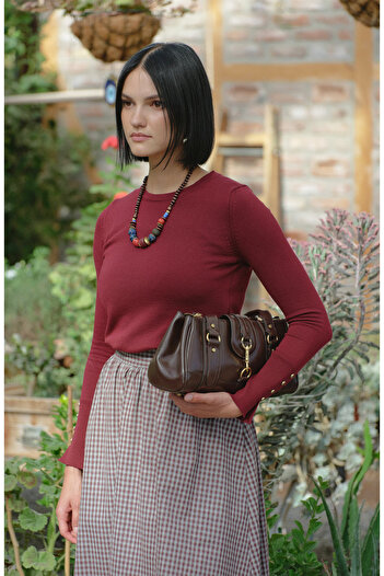 Fatma Atasoy Drawstring Burgundy Mini Checkered Skirt