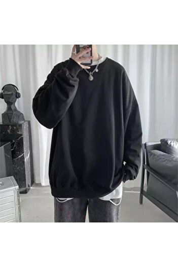 Köstebek Oversize Απλό Μαύρο Μεσαίο Χοντρό Ύφασμα Unisex Μακρύ Μανίκι