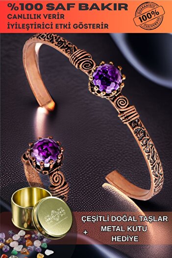 OSMANLI GÜMÜŞ Women's Copper Bracelet Ring Set - Amethyst Stone Tree Bark Model Thin Metal Box Quartz Stone Set