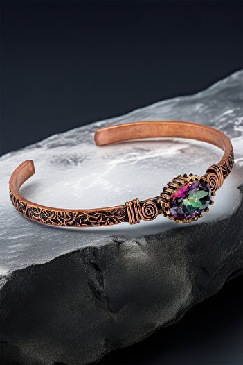 OSMANLI GÜMÜŞ Women's Copper Bracelet Ring Set - Mystic Topaz Gemstone Shuttle Tree Bark Model Thin Metal Box Natural Stone