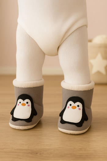Puppis Baby Penguin Gray Baby Home Slippers, Non-Slip Sole, Sweat-Proof, Organic