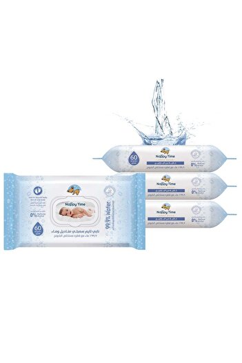 Nappy Time Simply Water Baby Wipes - 0% Perfume & Alcohol - 60 Wipes, 3 + 1 Free