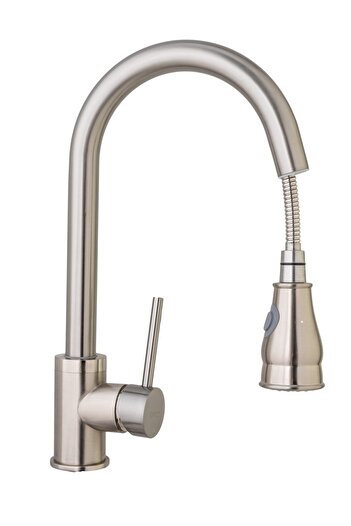 Trendy's Kitchen faucet with pull-out shower head, satin stainless steel, two-function aerator