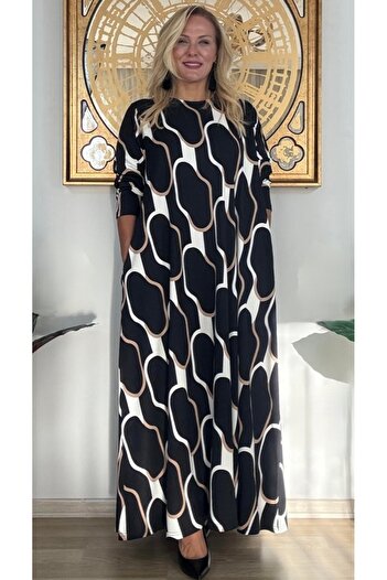 KLEERMAKER Women's Plus Size Crystal Fabric Honeycomb Pattern Long Sleeve Dress with Pockets (the Belt Is Not Included)