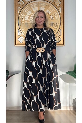KLEERMAKER Women's Plus Size Crystal Fabric Honeycomb Pattern Long Sleeve Dress with Pockets (the Belt Is Not Included)