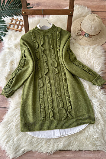 MODAQU Ruffle Detailed Soft Sweater Tunic 8770 - Khaki