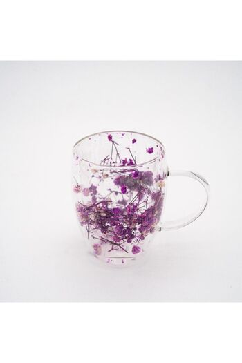 Moon House Glass Mug with Double Wall for Coffee and Tea, with Dried Purple Flowers, 350 ml
