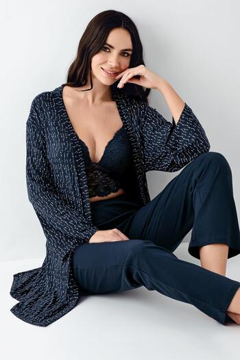 Arnetta Women's Navy Blue 3-Piece Pajama Set, Solid Bottom Pajama Patterned Robe and Bralet Set 50% Cotton 50% Fashion