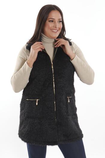 Metpoint Trend42Plus Plus Size Black Fur Vest with Zipper and Pocket Detail