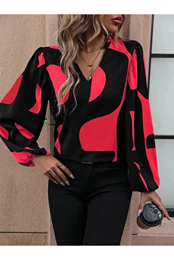 Moda Ebrar Γυναικεία μπλούζα με μακρύ μανίκι με σχέδιο μοντάλ με λαιμόκοψη σε σχήμα V