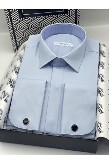 Fitmens Slim Fit Uzun Kol Gizli Düğmeli Likralı Smokin Damatlık Erkek Gömlek FS-004296 - Mavi