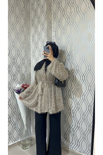 DİLEKBUTİK Beige Fringed Mobile Belt Kimono