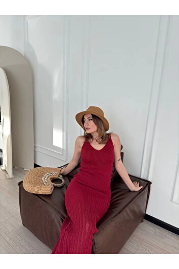 Flexium Braided Long Knitwear Dress - Burgundy