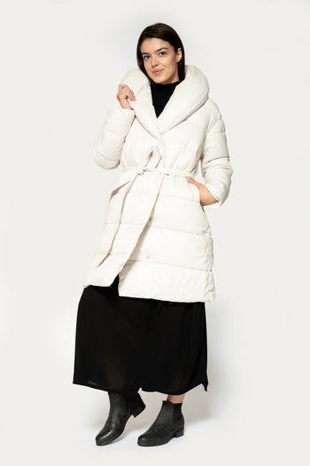 Antonia M Long winter jacket with gold fringes on the back and drawstring at the waist