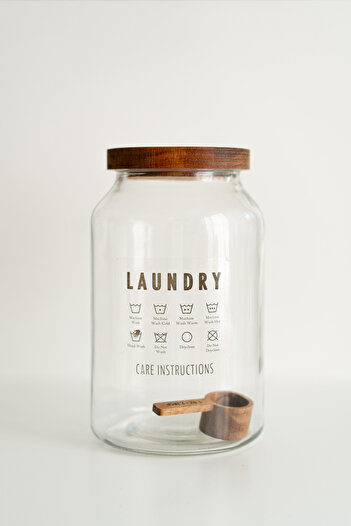 Dekorzdükkan Glass Storage Jar / Detergent Dispenser / Storage (4000 ml) with Acacia Lid & Measuring Spoon