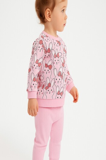 dinamik çocuk Baby Girl Double Set Rabbit Report Printed Ribbed Sweatshirt and Bottoms-Seasonal 3-6-9-12Months