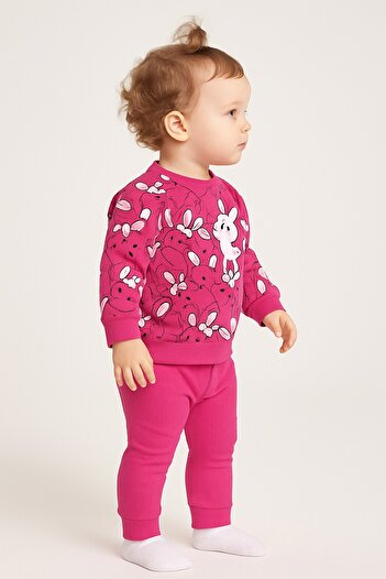 dinamik çocuk Baby Girl Double Set Rabbit Report Printed Ribbed Sweatshirt and Bottoms-Seasonal 3-6-9-12Months