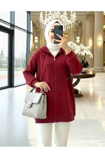 Modamorfo Kangaroo Pocket Hooded Zippered Sweatshirt - Burgundy