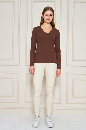 ESPİNA Women's V-Neck Long Sleeve Basic T-Shirt