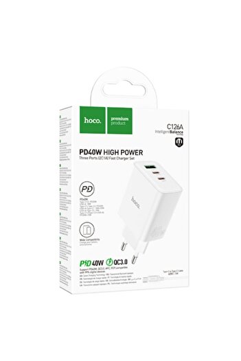 Hoco Încărcător de rețea (C126A) + cablu USB-C, 40W, 2xUSB-C, 1xUSB-A, PD, QC 3.0, alb