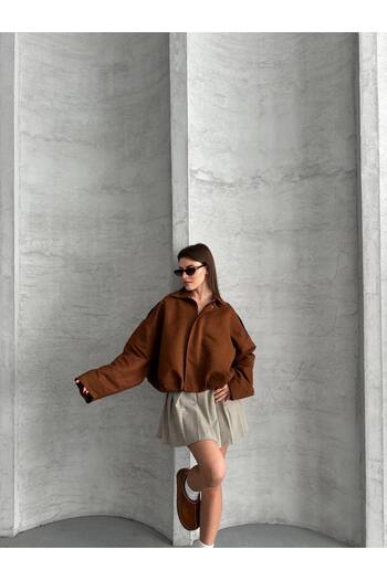 ÇEÇİM Women's Zippered Suede Lined Oversize Bomber Jacket Zyn-58812