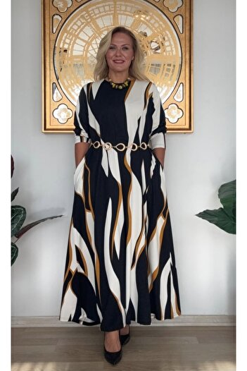KLEERMAKER Women's Plus Size Crystal Fabric Patterned Long Sleeve Dress with Pockets (Not Included Belt)