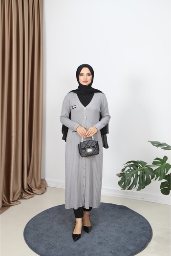 NİSUM MODA Mercerized Long Cardigan with Pocket Detail
