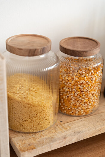 Dekorzdükkan Set of 2 Striped Glass Jars with Acacia Lids (1200/1800ml)