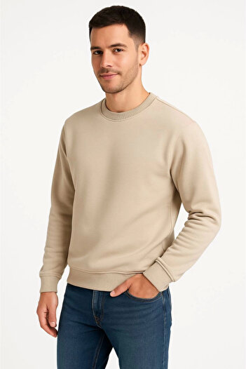 ELLA Men's Three Thread Plain Crew Neck Sweatshirt - Beige