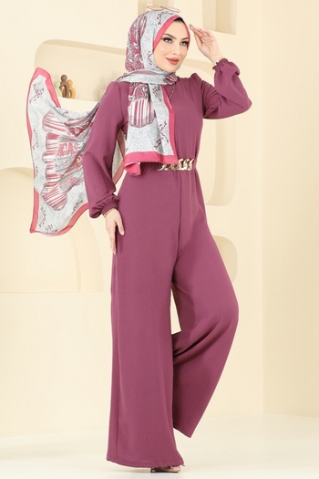 ModaMerve Chain Belted Aerobin Jumpsuit 2667Sl432-Ms Dark Lilac