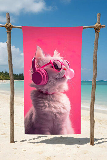 BETHA Sakiz Patlatan Pink Cat Cotton Beach Towel – Patterned Design – 75X150 cm