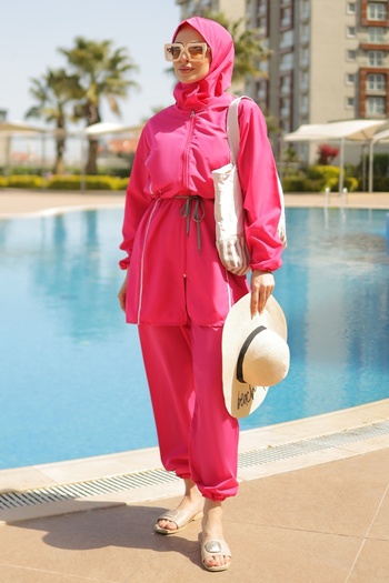 ModaMerve Beli Lace-Up Hijab Swimsuit 20530Ett926-Ms Fuchsia