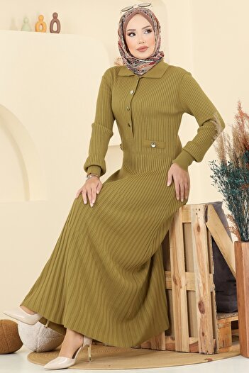 ModaMerve Front Half Buttoned Knitwear Dress 8364Kl398-Ms Fat Green
