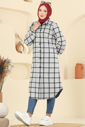 ModaMerve Shirt Collar Plaid Tunic 3062Ktr750-Ms Pattern 4 Gray