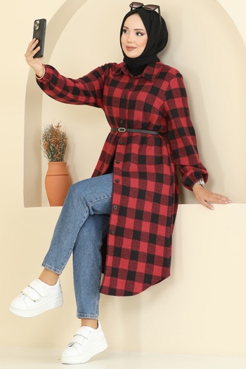 ModaMerve Shirt Collar Plaid Tunic 3062Ktr750-Ms Pattern 3 Red