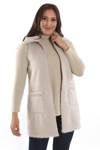 Metpoint Trend42Plus Plus Size Beige Fur Vest with Zipper and Pocket Detail