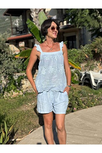 Punta Otantik Nc31211 Embroidered Shoulder Ruffle Linen Italian Shorts Set Baby Blue