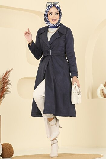 ModaMerve Belt Buckle Suede Coat 6246Bsk463-Ms Navy