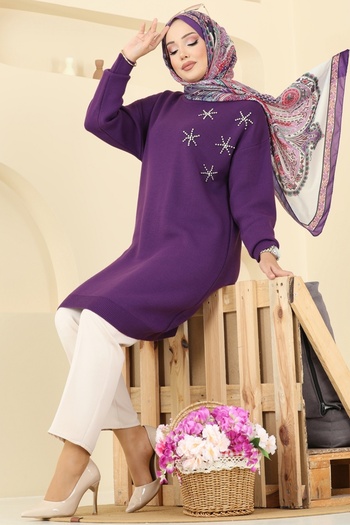 ModaMerve Stone Detailed Knitwear Tunic 2717Ayd574-Ms Purple