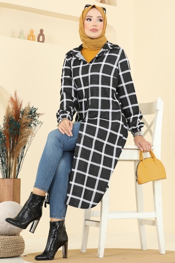 ModaMerve Shirt Collar Plaid Tunic 3062Ktr750-Ms Pattern 4 Black